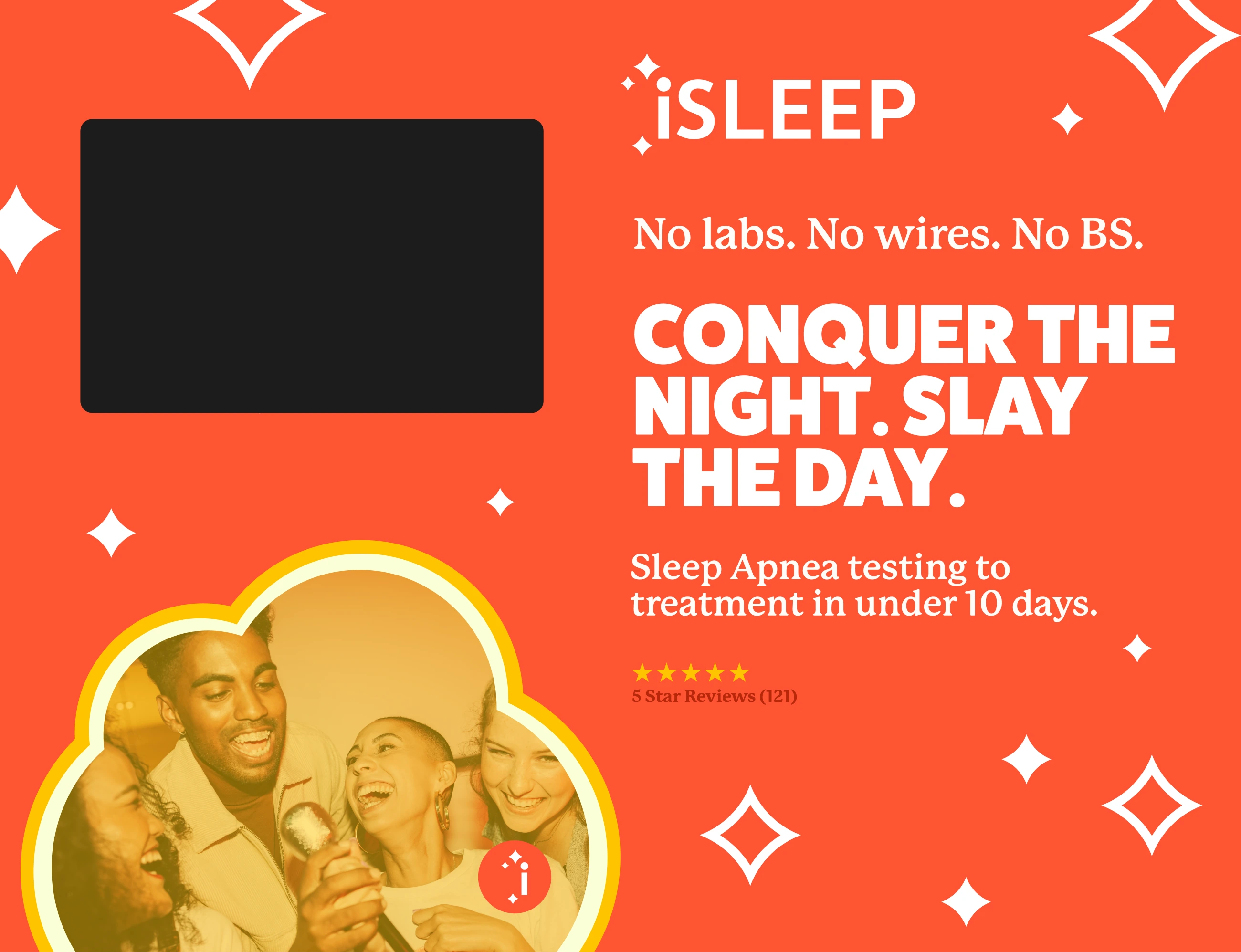 Conference booth back wall design in bright orange: a cutout for a TV screen top left, the iSLEEP wordmark, a conquer-the-night-slay-the-day headline, five-star review badge, and a photo of friends singing karaoke inside a cloud shape.