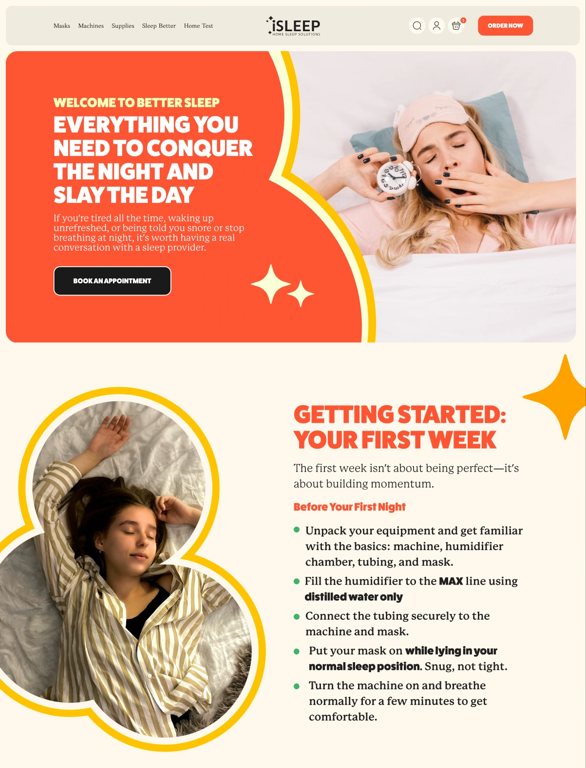 CPAP therapy landing page design: welcome-to-better-sleep hero, then a getting-started checklist for the first week of therapy.