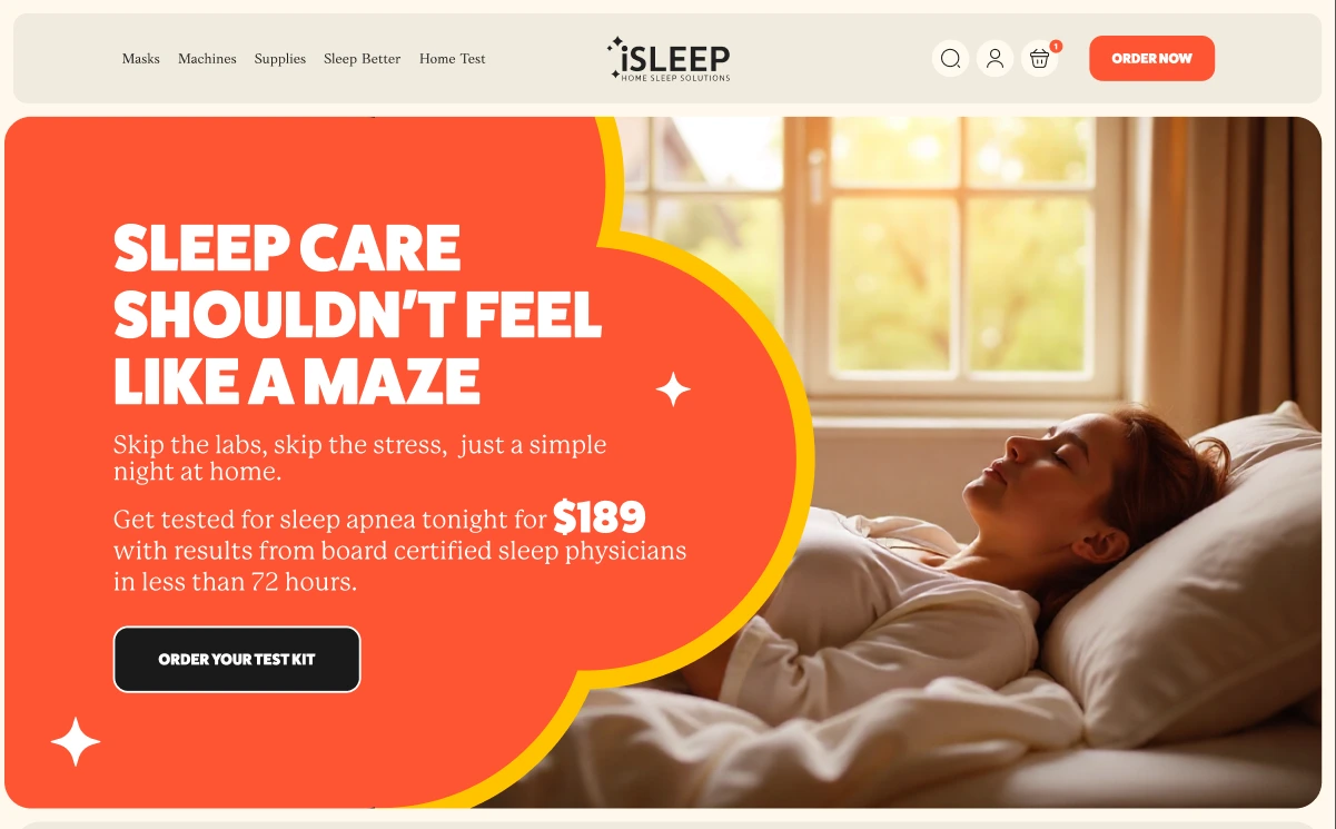 iSleep homepage design, hero section: sleep care shouldn't feel like a maze headline in a bold orange blob over a photo of a sleeping woman, with an order-your-test-kit button.