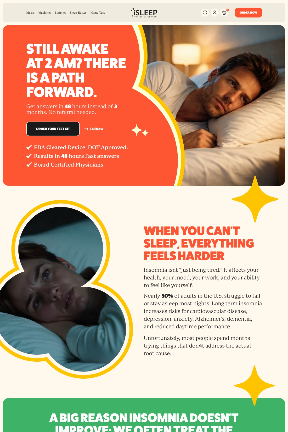 Insomnia landing page design: still awake at 2am hero with test kit call to action, then a when-you-can't-sleep section.