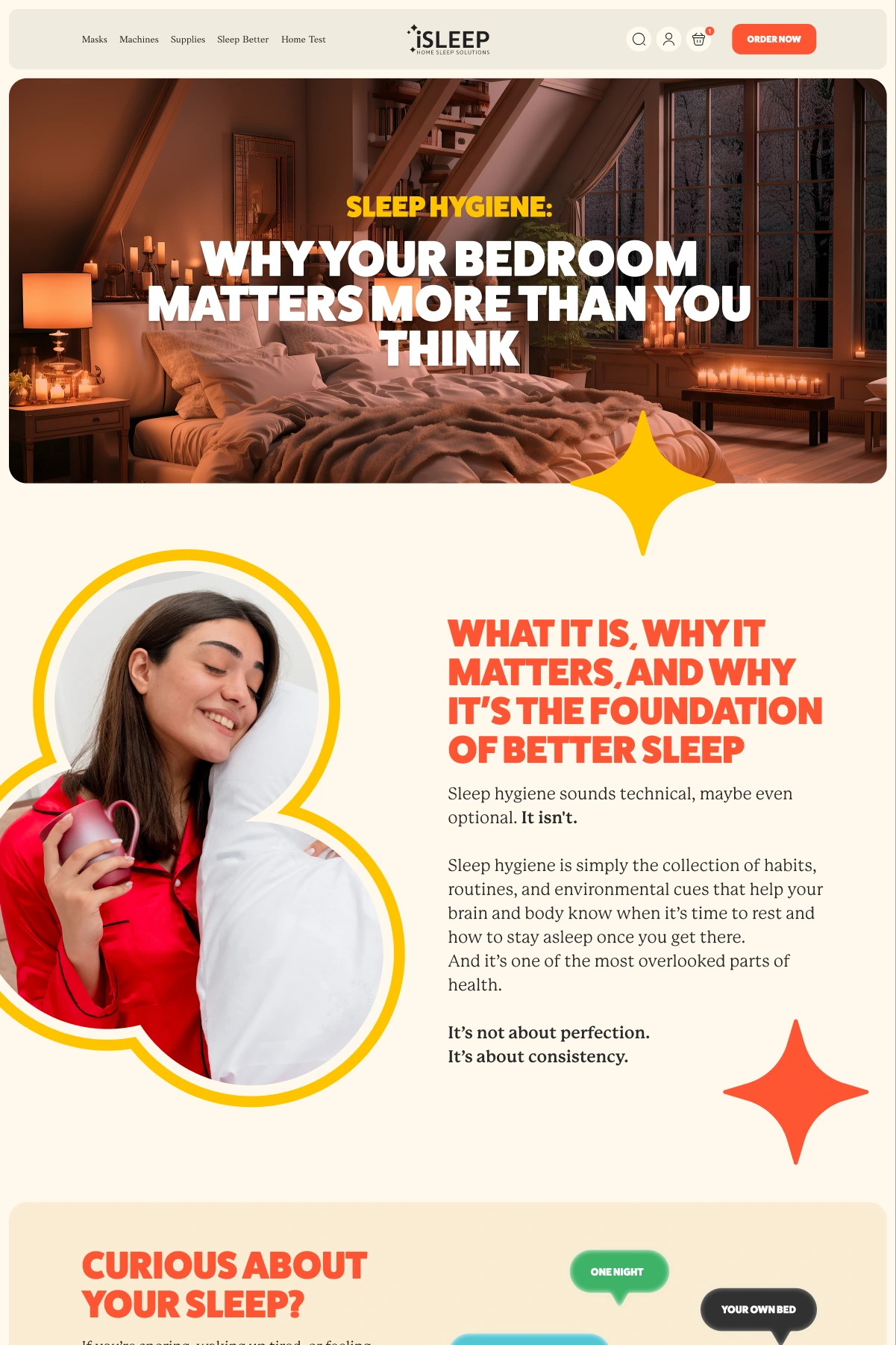 Sleep hygiene landing page design: why your bedroom matters more than you think hero over a candle-lit bedroom photo.