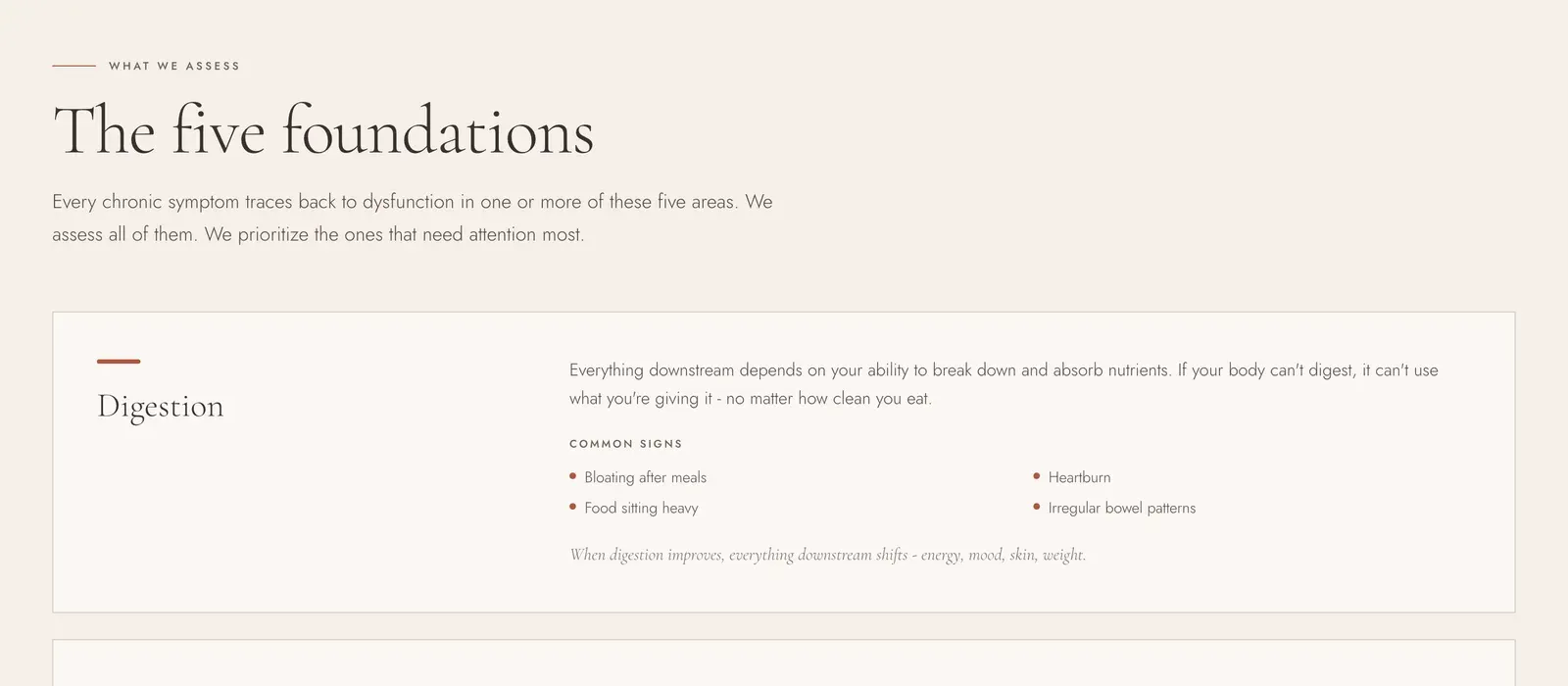 The five foundations ledger on the course page, opening with the Digestion card and its common signs.