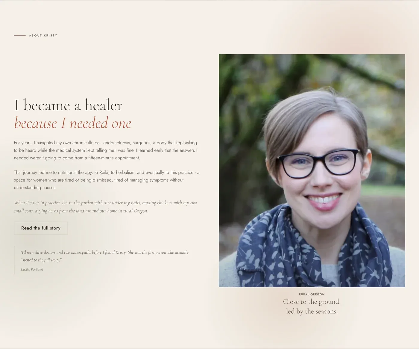 Homepage section 'I became a healer because I needed one' with Kristy's portrait.