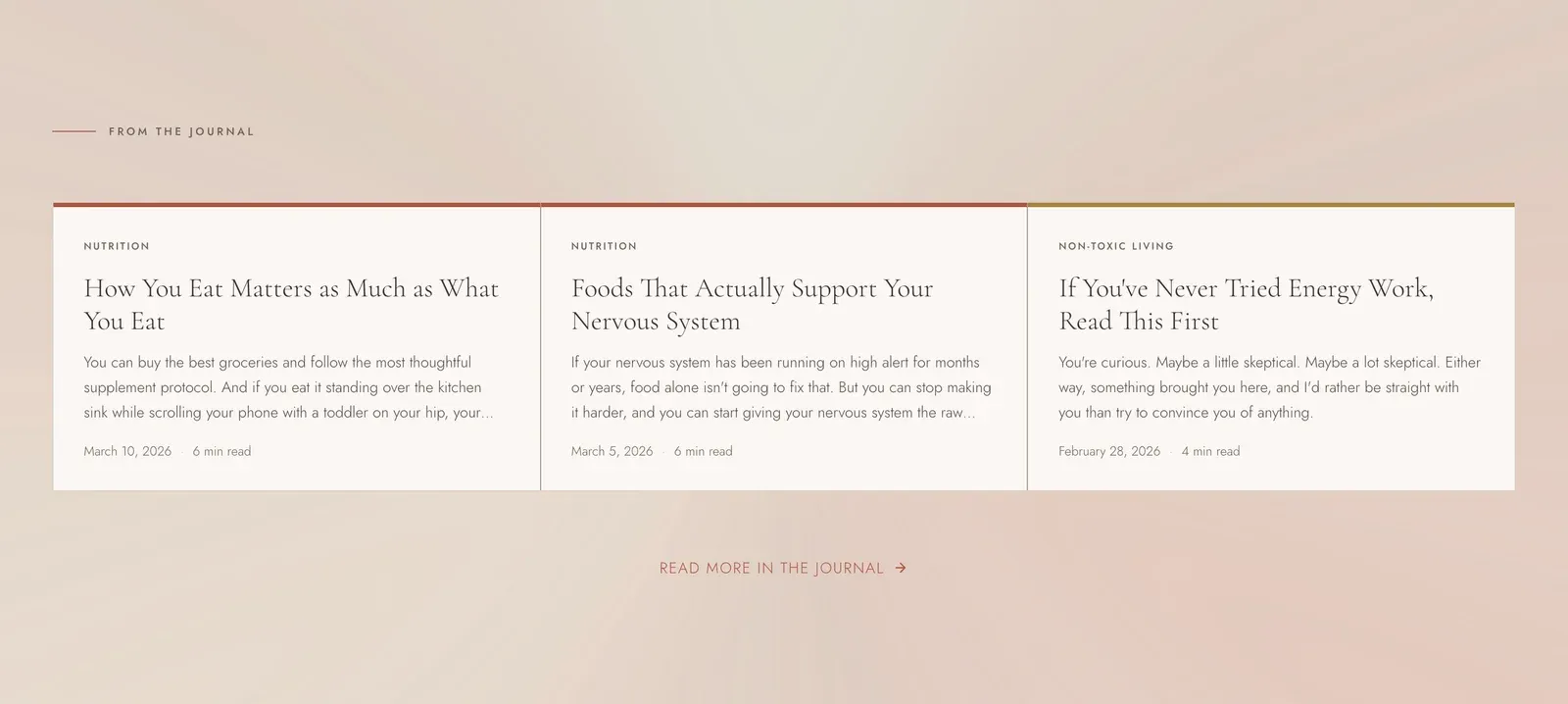 From the journal: three article teaser cards on nutrition and energy work.
