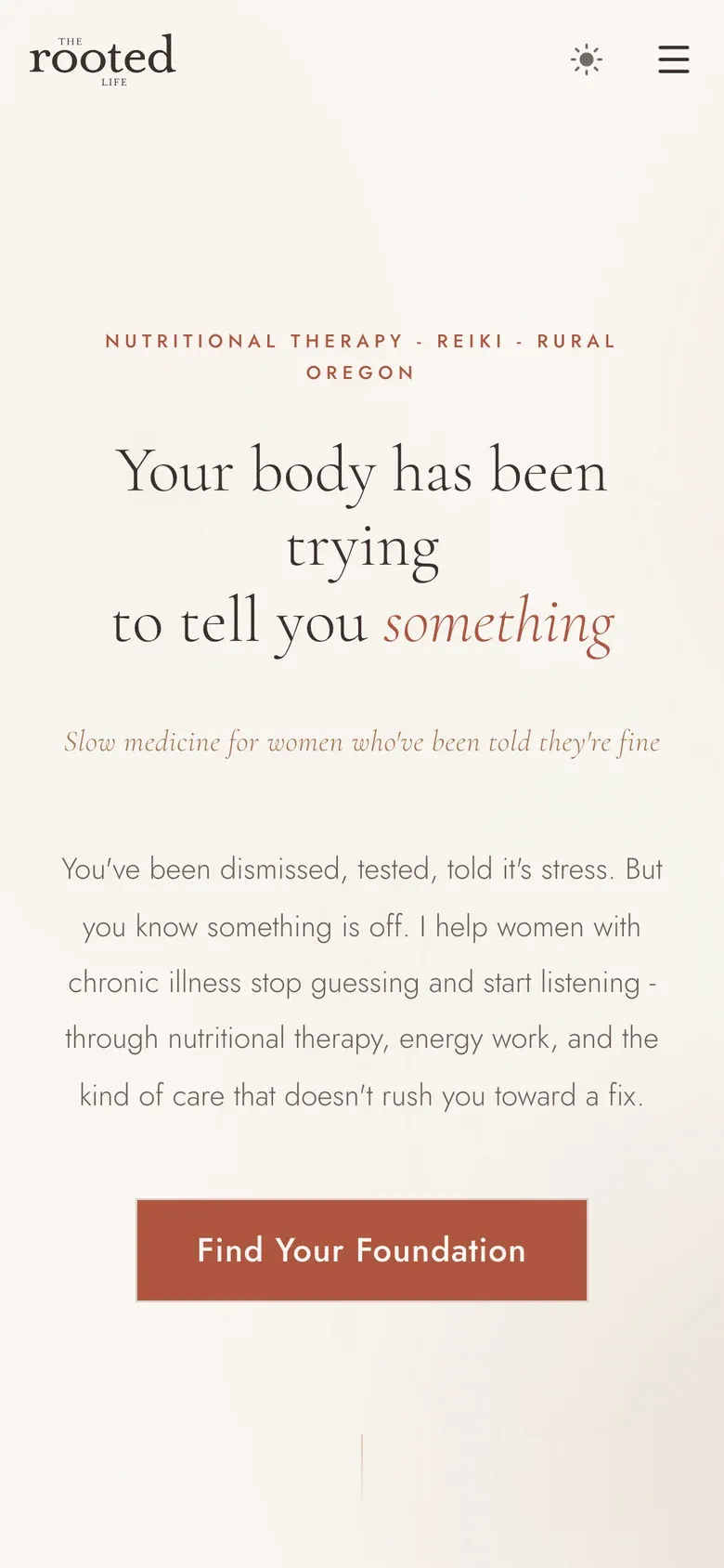 Mobile homepage hero: 'Your body has been trying to tell you something' at 390px wide.