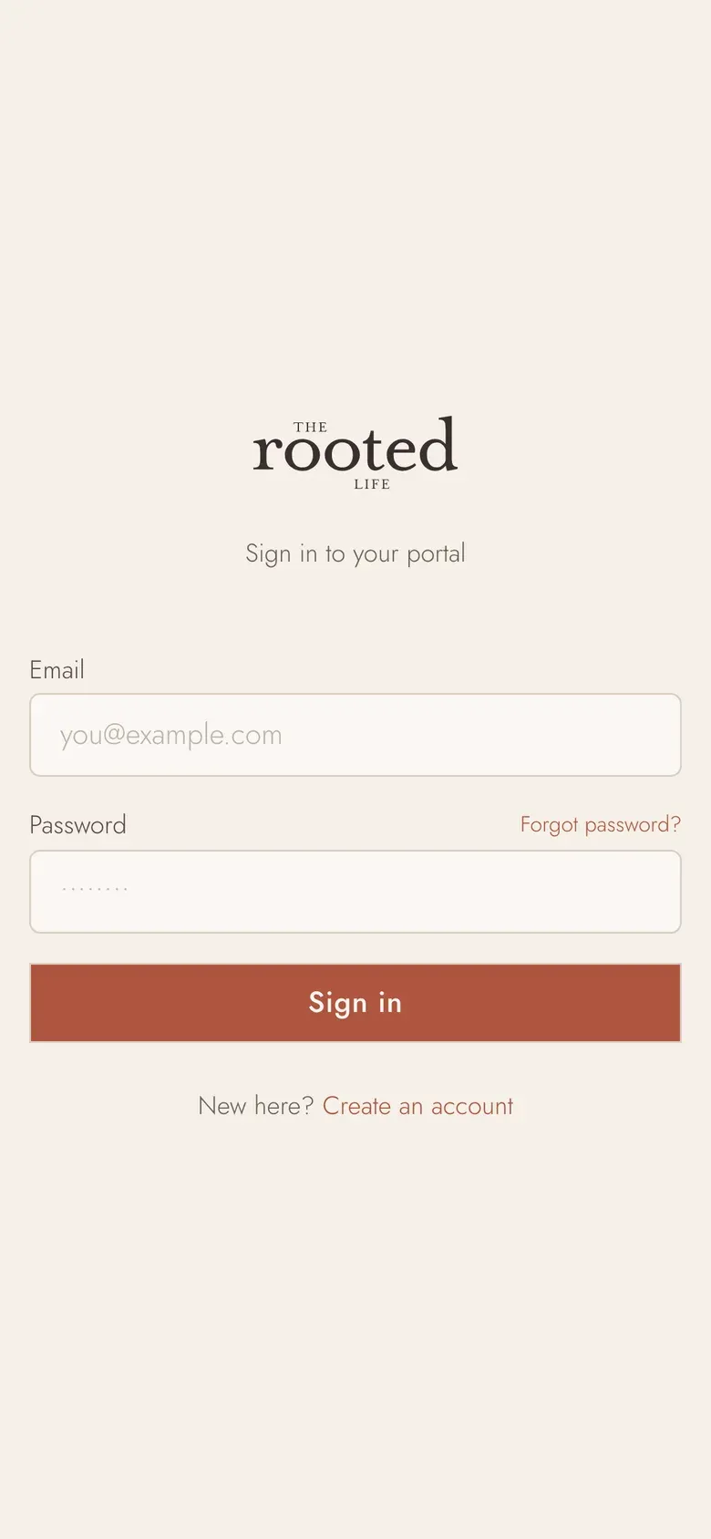 Mobile portal sign-in screen with the wordmark and terracotta sign-in button.