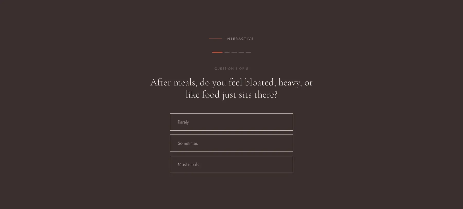 First question of the live foundations quiz on the dark surface: 'After meals, do you feel bloated, heavy, or like food just sits there?' with three answer options.