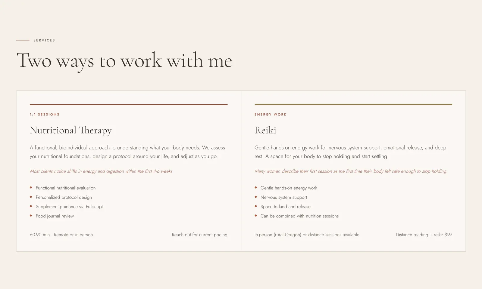 Work With Me page: two service cards, Nutritional Therapy 1:1 sessions and Reiki energy work.